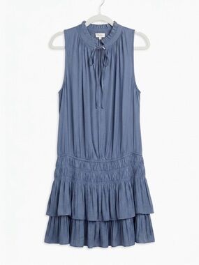 Mustard Seed Pleated Smocked Tiered Ruffle Mini Dress Slate Blue S